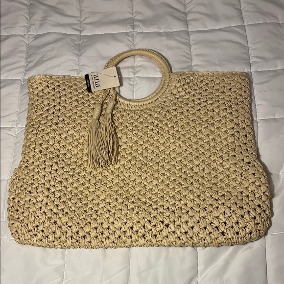 a.n.a Handbags - A.N.A. Tan Woven Tote Bag with Tassel